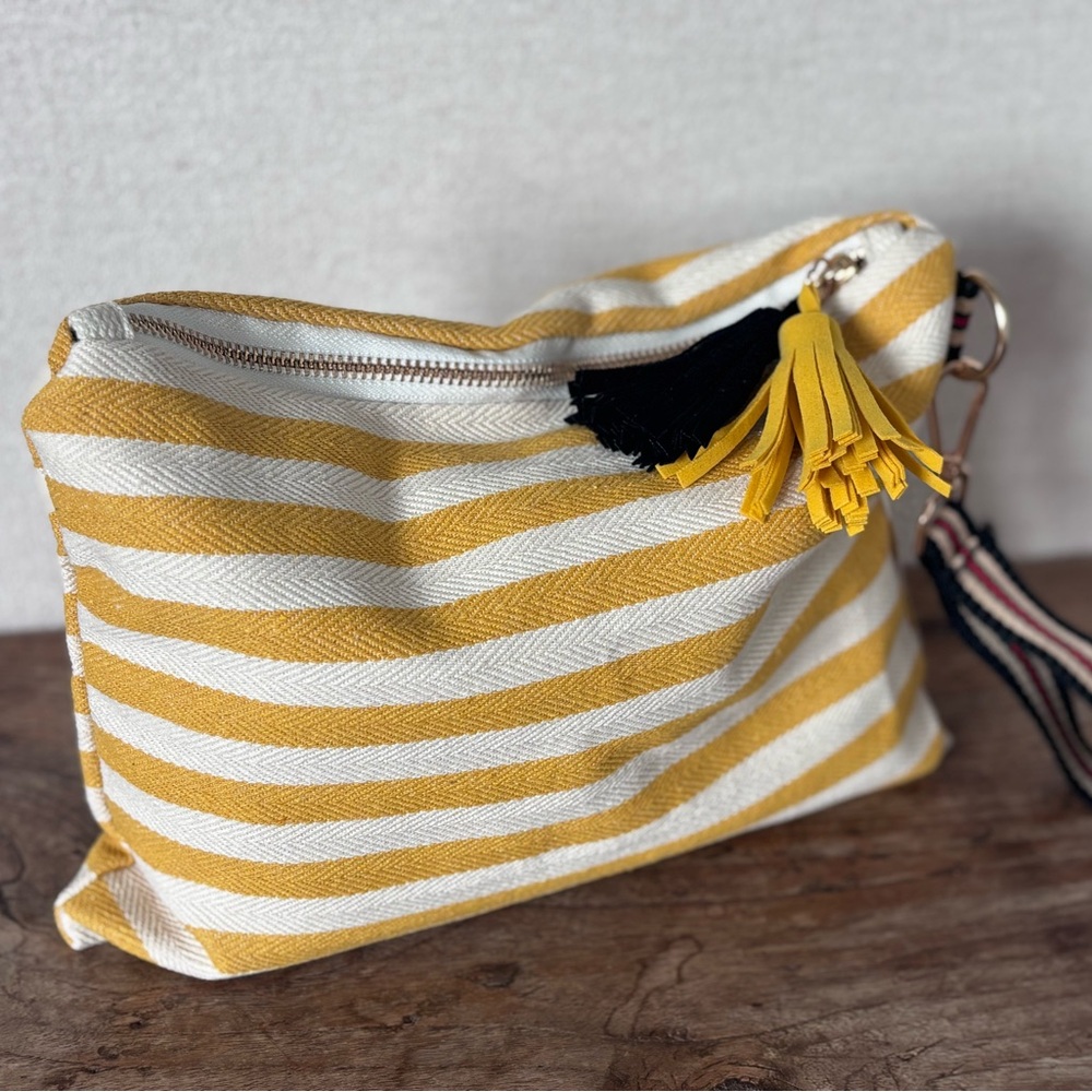Yellow &‎ White Striped Wristlet Clutch with Tassels